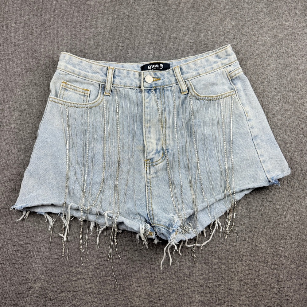 Blue B Collection Women's M Rhinestone Chain Fringe Denim Shorts Light Wash